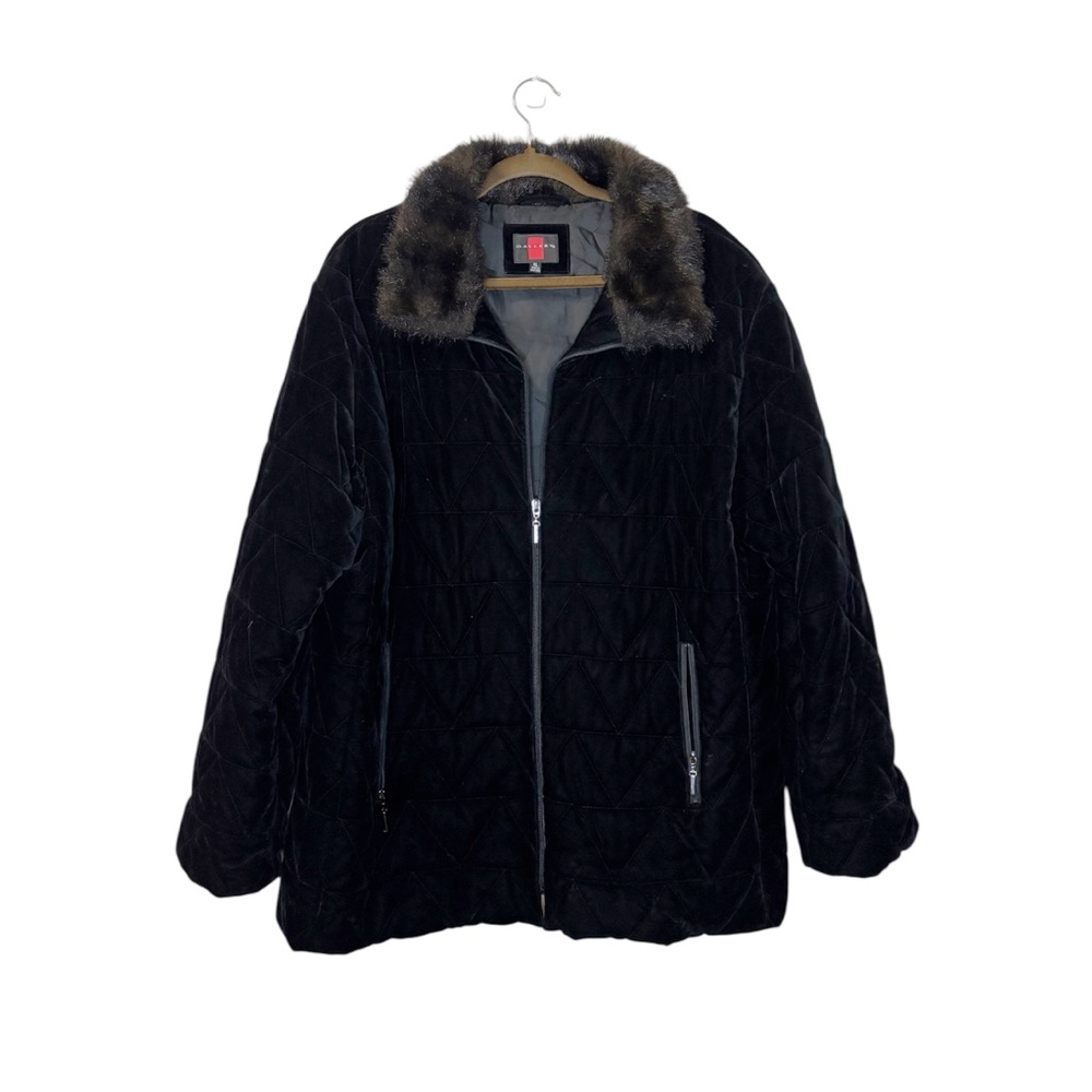 Vintage 90s Y2K Faux Fur Trim Velvet Quilted Jacket Black Mid-Length XL